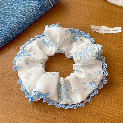 Women's Japanese Style Sweet Pastoral Flower Cloth Rib-Knit Lace Hair Tie