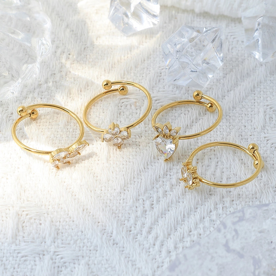 Jewelry Casual Sweet Simple Style Geometric Leaves Flower 304 Stainless Steel Zircon 14K Gold Plated Inlay Open Rings