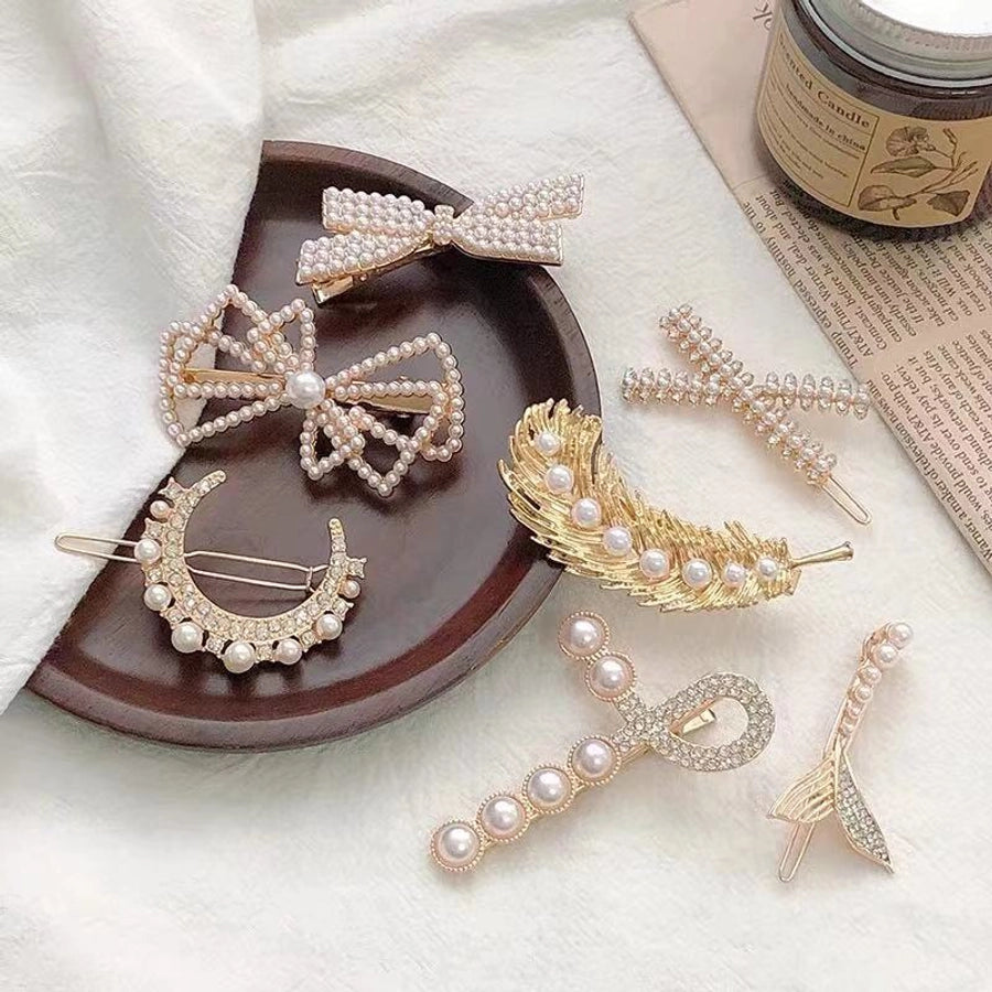 fashion leaf moon bow knot imitation pearl alloy rhinestone hair clip 1 piece