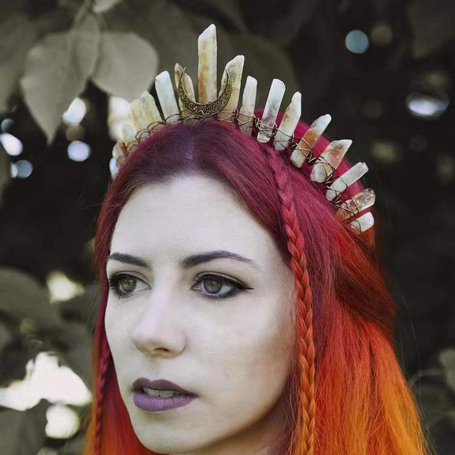 retro moon crown natural crystal hollow out hair combs crown