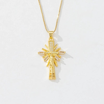 Copper box chain 18K Gold Plated Inlay Carving Cross Zircon Pendant Necklace