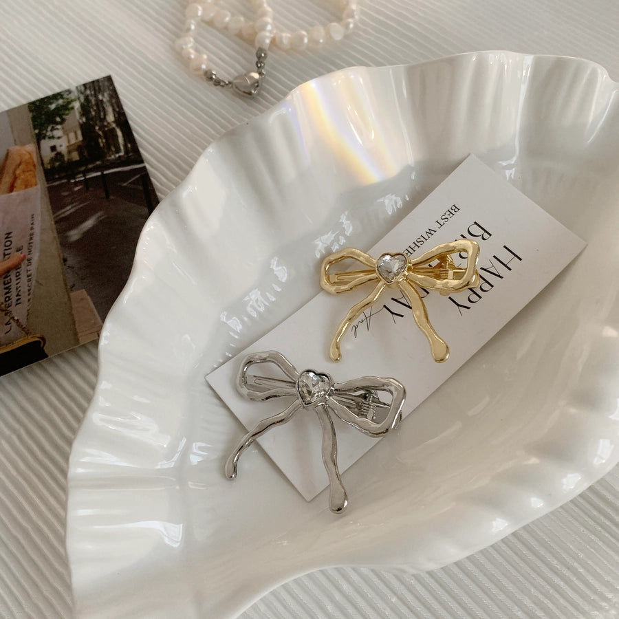 Women's IG Style Sweet Heart Shape Bow Knot Metal Hollow Out Inlay Rhinestones Hair Clip