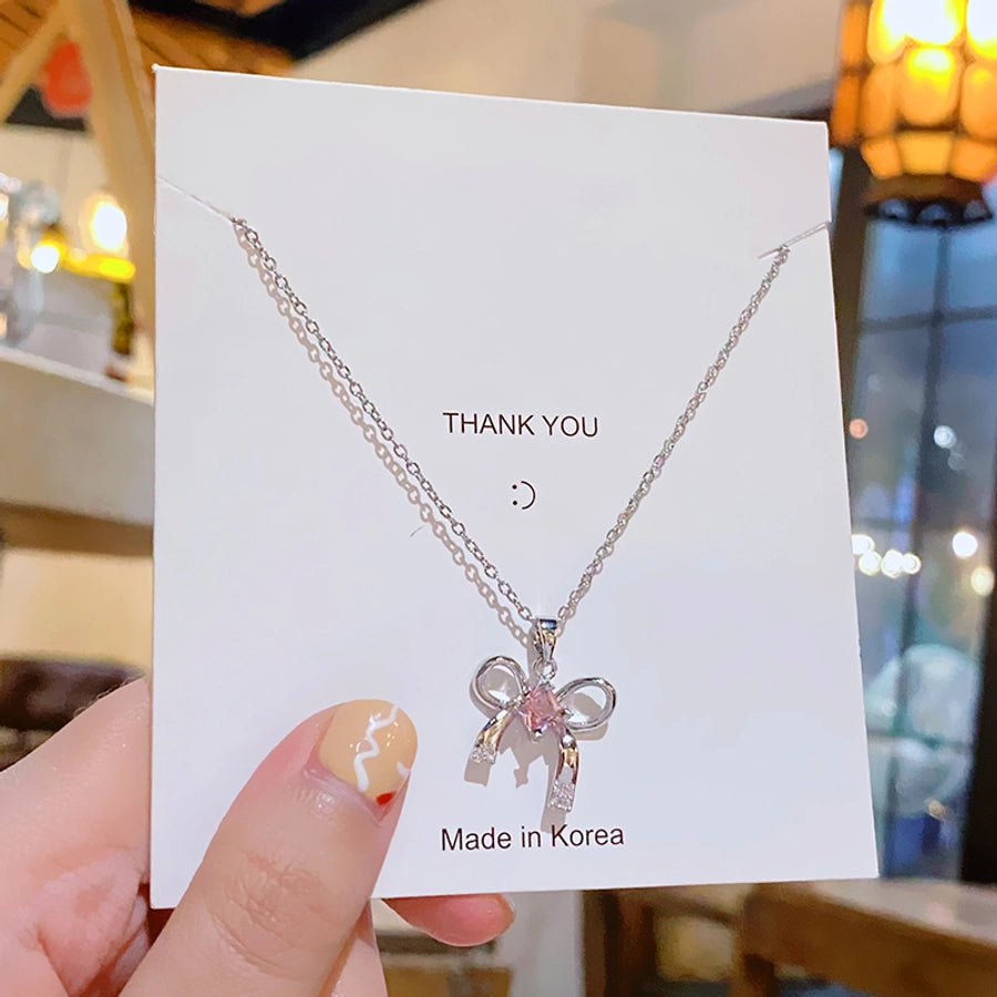 304 Stainless Steel Copper 18K Gold Plated K Gold Plated Inlay Bow Knot Zircon Pendant Necklace