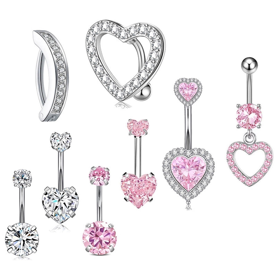 1 Piece 1 Set Belly Rings Hip-Hop Shiny Heart Shape 316L Stainless Steel  Copper Inlay Zircon Belly Rings
