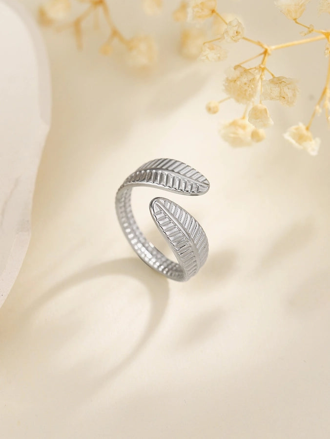 Jewelry Elegant Leaves Feather 304 Stainless Steel Open Rings