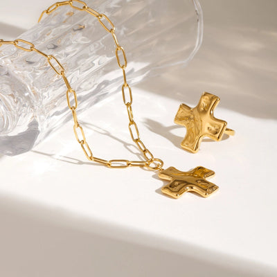 18K Gold Stainless Steel Hammer Pattern Oil Pressure Cross Pendant Clip Chain Necklace