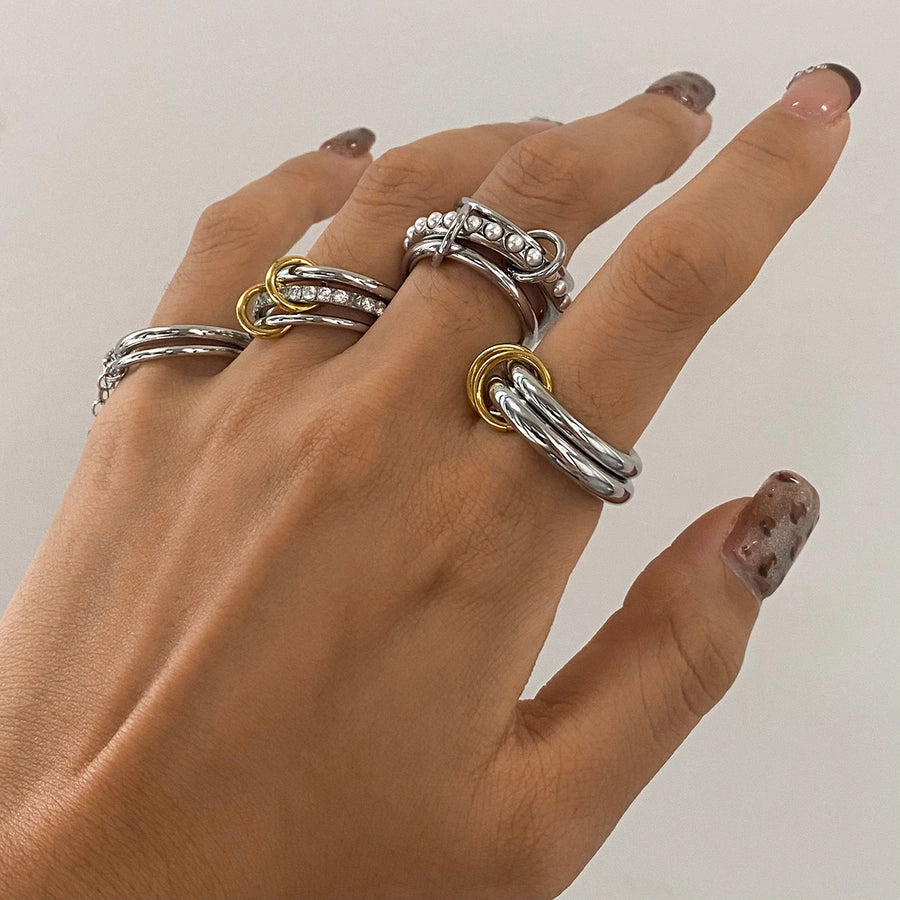 Jewelry Elegant Simple Style Double Ring Stainless Steel Layered Mixed Metal Plating Rings