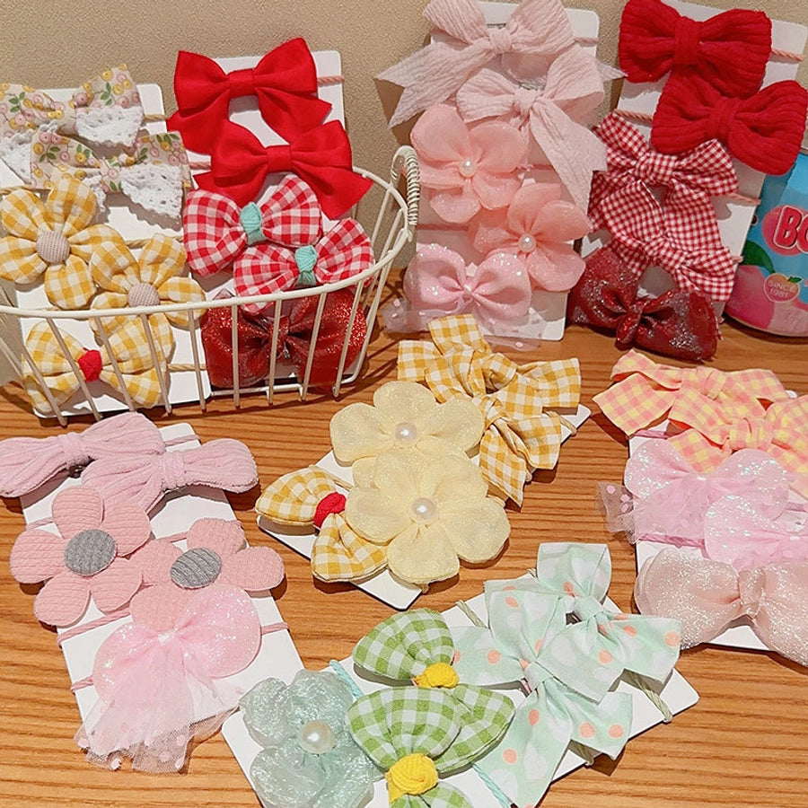 cute plaid flower bow knot cloth inlaid pearls hair tie 1 set