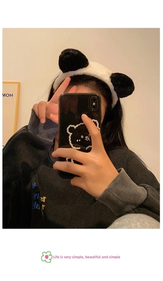 Cute cartoon plush panda ear headband facial mask for washing autumn and winter wide-brimmed hair band female Net Red
