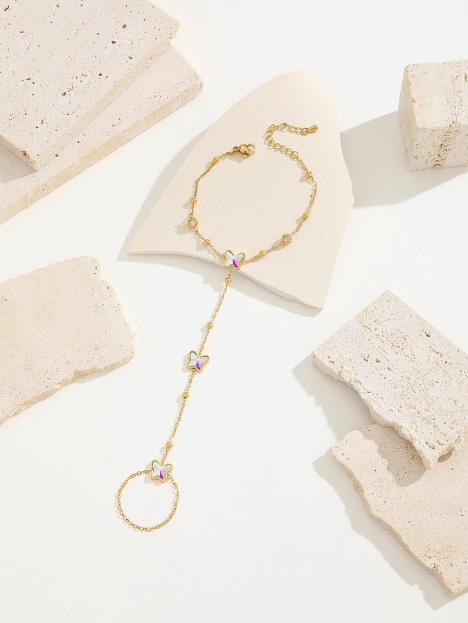 Simple Style Classic Style Petal Butterfly Bow Knot Titanium Steel 18K Gold Plated Rhinestones Bracelets In Bulk