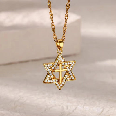 Copper Water wave chain 18K Gold Plated Geometric Cross Eye Zirconia Pendant Necklace