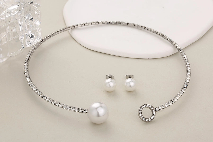 Jewelry Glam Luxurious Shiny Circle Square Heart Shape 304 Stainless Steel Imitation Pearl Rhinestone Jewelry Set