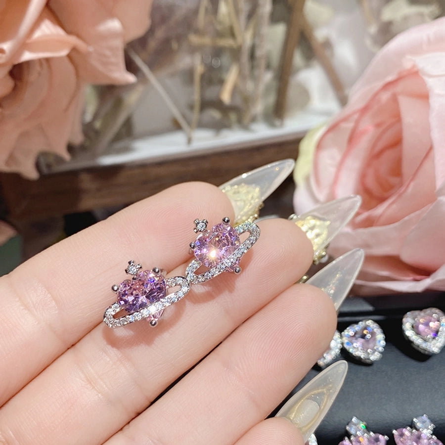 1 Pair Elegant Star Heart Shape Inlay Copper Artificial Gemstones Ear Studs