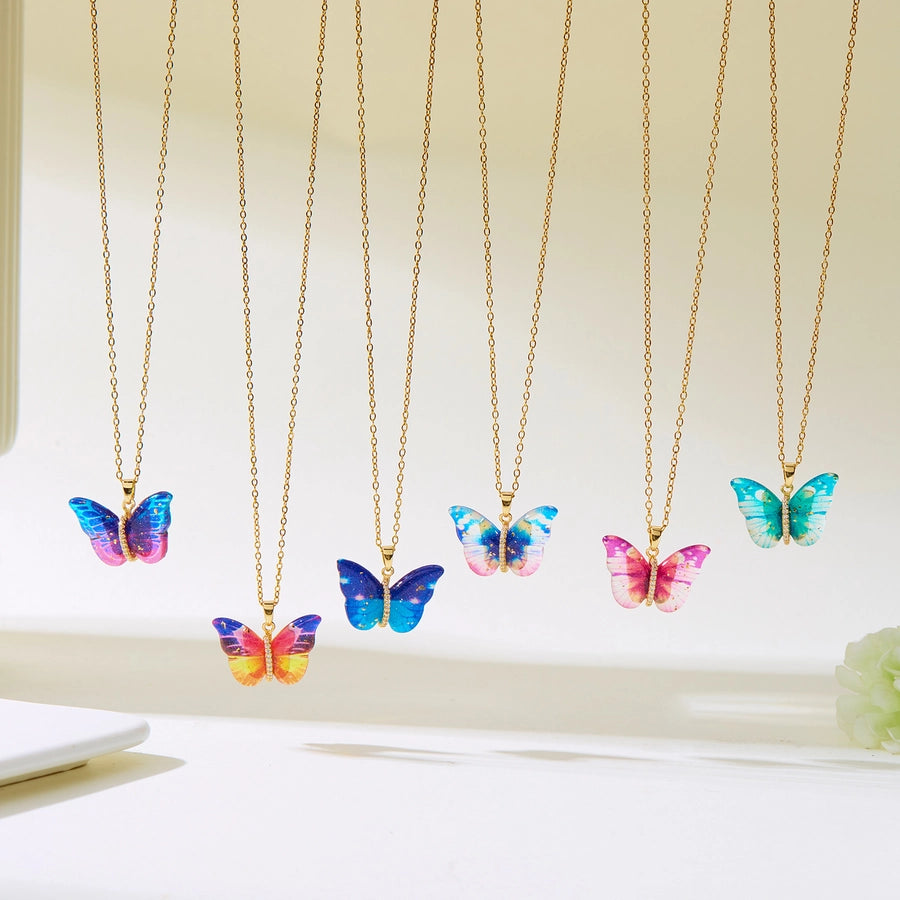 Jewelry Elegant Cute Classic Style Butterfly 201 Stainless Steel Resin Copper Zircon Inlay Pendant Necklace