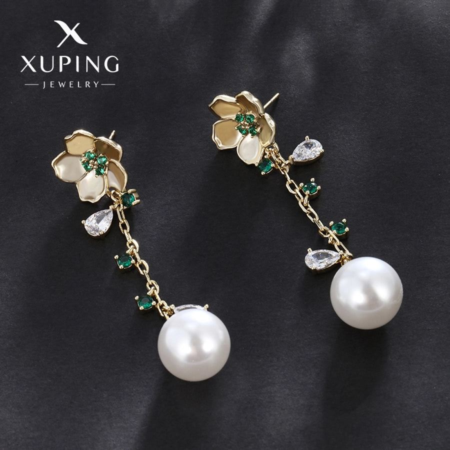 1 Pair Elegant Sweet Flower Plating Copper Artificial Gemstones Beads 18K Gold Plated Drop Earrings