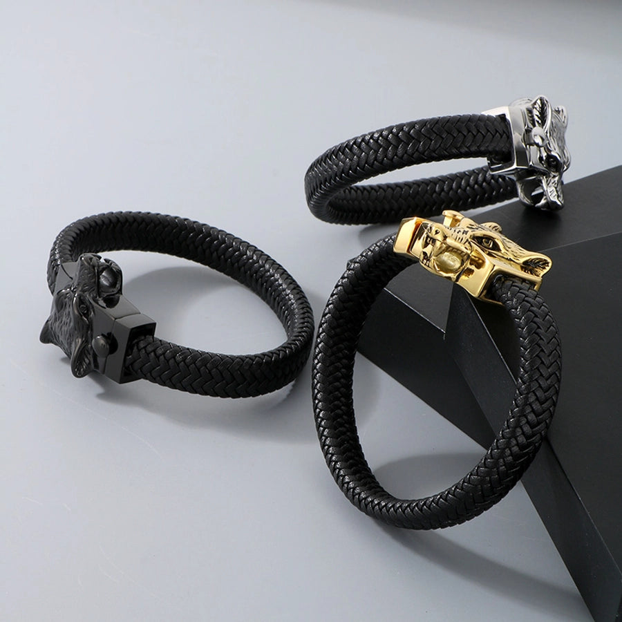 Business Lion's head Wolf Head Skull 304 Stainless Steel Leather 18K Gold Plated Men's Bracelets