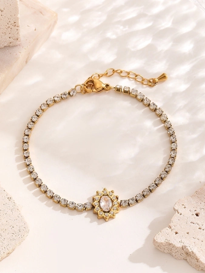 Elegant Lady Streetwear Oval Heart Shape Titanium Steel 18K Gold Plated Artificial Crystal Bracelets In Bulk