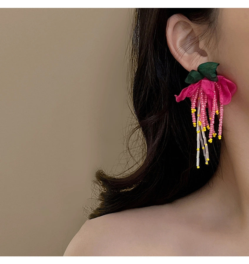 Mori chiffon flower beaded earrings female super fairy exaggerated Rose Red holiday style earrings  new popular