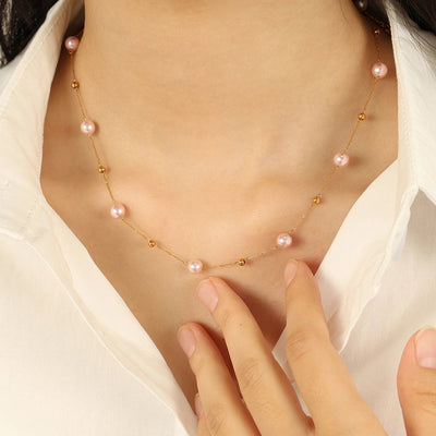 Jewelry IG Style Elegant French Style Round 304 Stainless Steel Artificial Pearls 18K Gold Plated Beaded Polishing Necklace