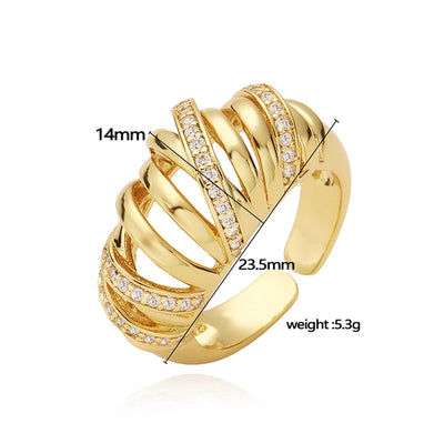 Jewelry Casual Elegant Flower Copper Zircon 18K Gold Plated Plating Hollow Out Inlay Open Rings