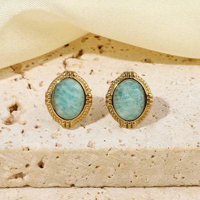 One Pack and Two Pairs Retro French Style Geometric Plating Titanium Steel Natural Stone 14K Gold Plated Ear Studs