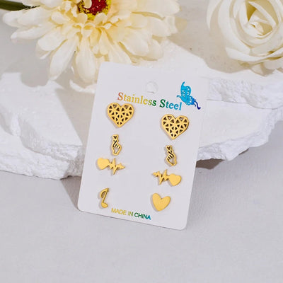 4 Pairs Cute Sweet Commute Geometric Heart Shape Polishing Hollow Out 304 Stainless Steel 18K Gold Plated Ear Studs