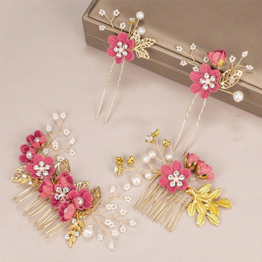 Women's IG Style Sweet Flower Cloth Metal Handmade Pearl Inlay Rhinestones Insert comb