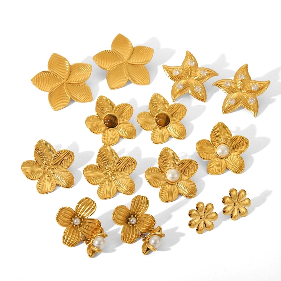 1 Pair IG Style Flower Plating Inlay 304 Stainless Steel Pearl 18K Gold Plated Ear Studs