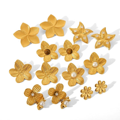 1 Pair IG Style Flower Plating Inlay 304 Stainless Steel Pearl 18K Gold Plated Ear Studs