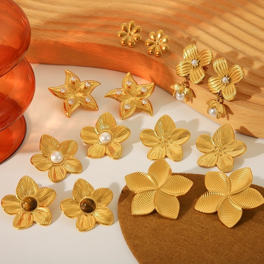 1 Pair IG Style Flower Plating Inlay 304 Stainless Steel Pearl 18K Gold Plated Ear Studs