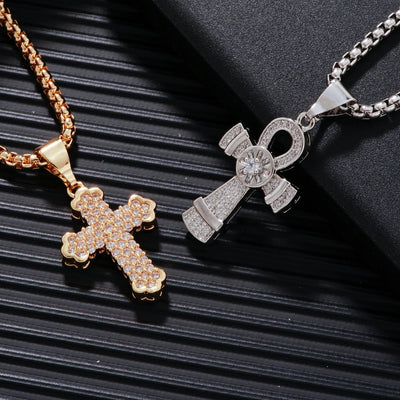 Hip-Hop Rock Shiny Cross Wings 304 Stainless Steel Copper Zircon K Gold Plated Rhodium Plated Unisex Pendant Necklace