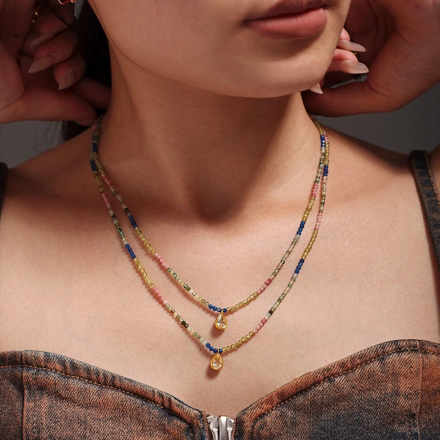 Elegant Water Droplets 304 Stainless Steel natural stone 18K Gold Plated Opal Beaded Chain Pendant Necklace In Bulk