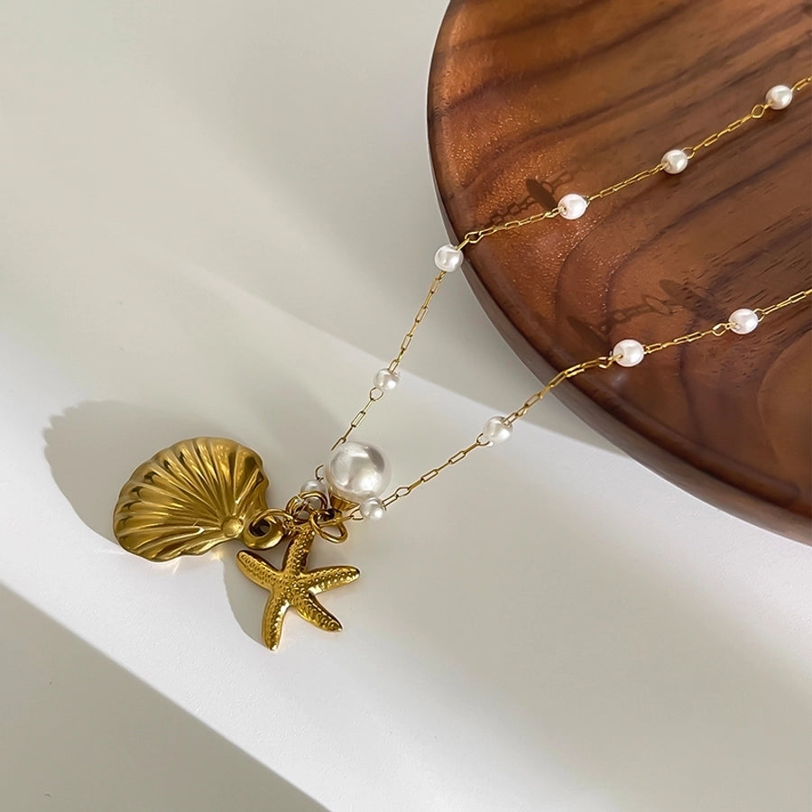 Jewelry Retro Marine Style Beach Starfish Shell 316L Stainless Steel  18K Gold Plated Pendant Necklace