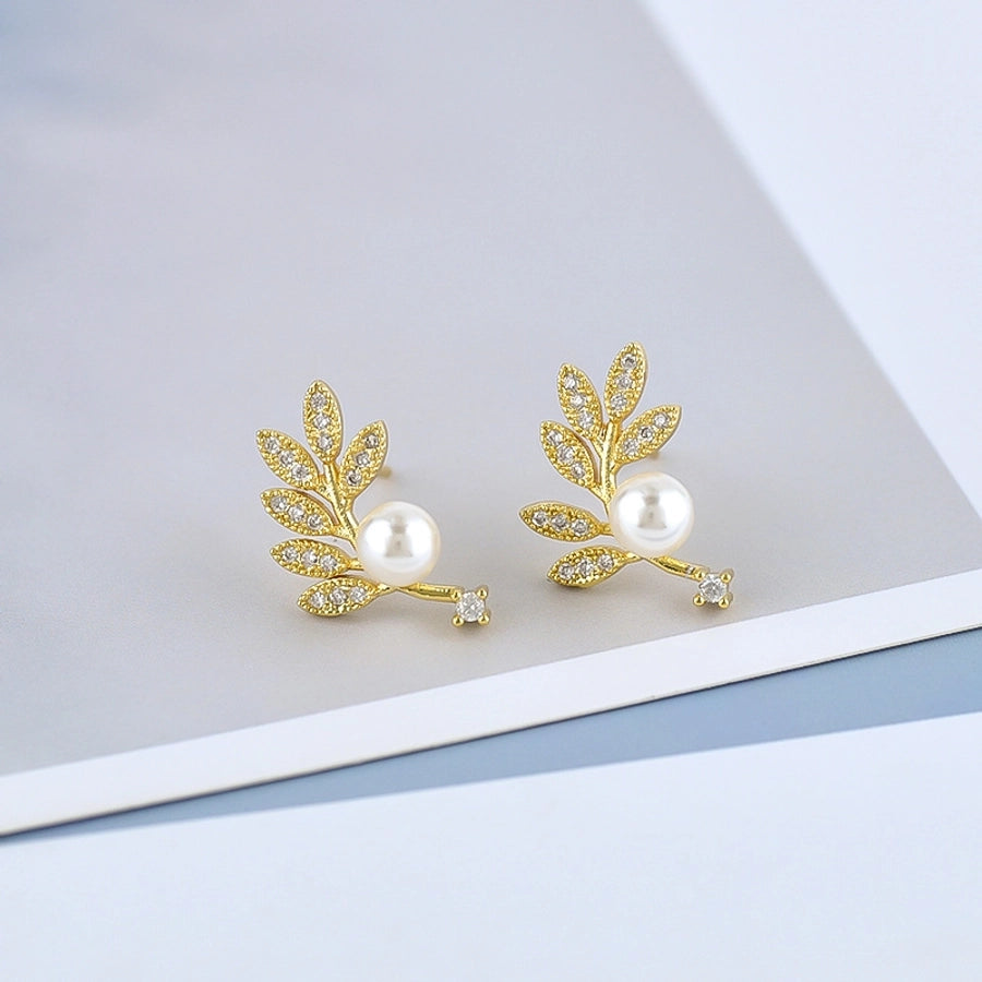 1 Pair Simple Style Leaf Inlay Copper Rhinestones Pearl Ear Studs
