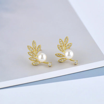 1 Pair Simple Style Leaf Inlay Copper Rhinestones Pearl Ear Studs