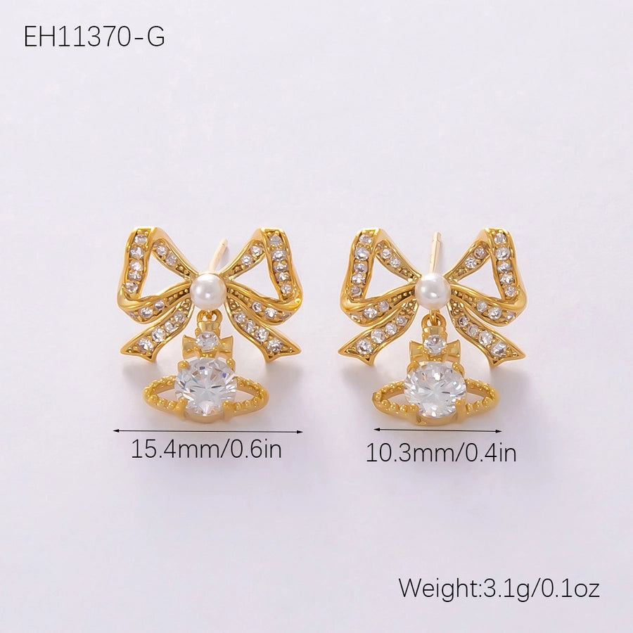 1 Pair Elegant Streetwear Bow Knot Plating Copper Zircon Drop Earrings Ear Studs