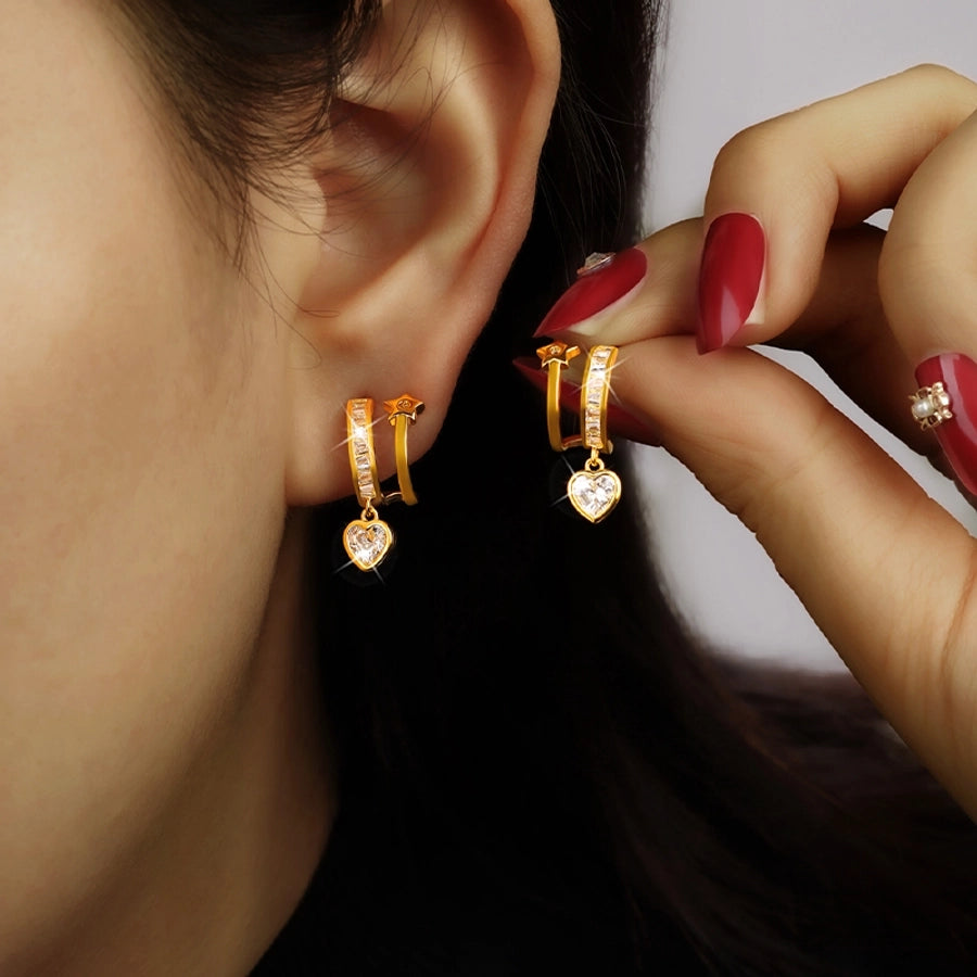 1 Pair Elegant Simple Style Heart Shape Eye Bee Inlay Copper Freshwater Pearl Zircon 18K Gold Plated Drop Earrings