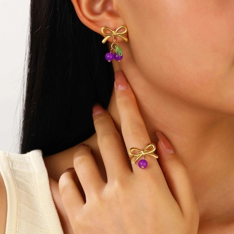 Jewelry Sweet Simple Style Cherry Bow Knot 304 Stainless Steel Rings Earrings