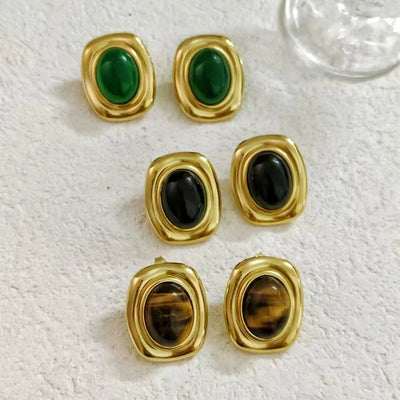 1 Pair Retro Rectangle Inlay 304 Stainless Steel Acrylic Natural Stone Tiger Eye 18K Gold Plated Ear Studs