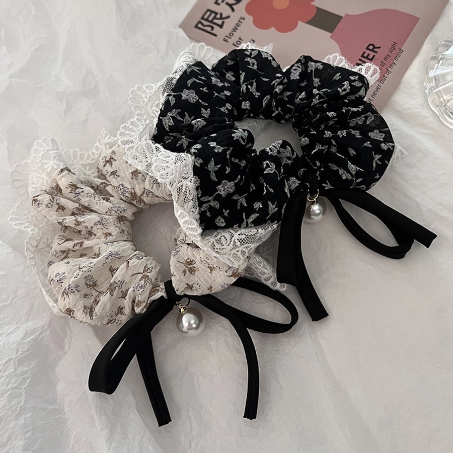 Women's Japanese Style Sweet Flower Cloth Handmade Pearl Lace Hair Tie