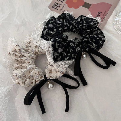 Women's Japanese Style Sweet Flower Cloth Handmade Pearl Lace Hair Tie