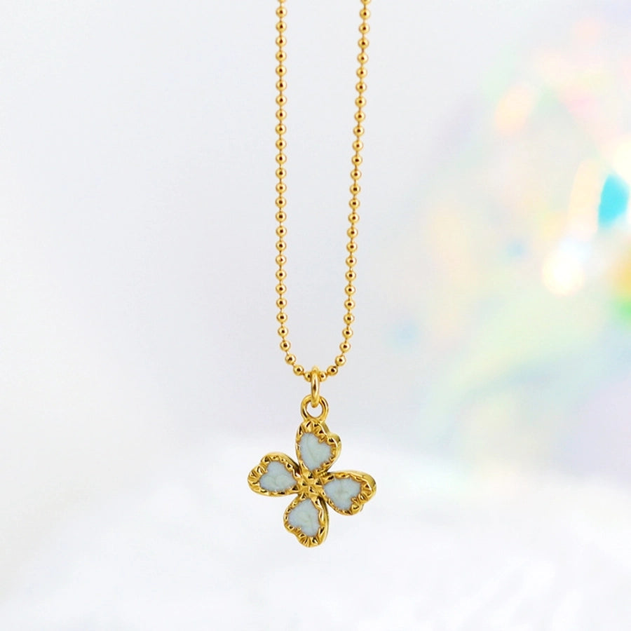 Jewelry Casual Retro French Style Leaf Flower Titanium Steel Enamel Pendant Necklace