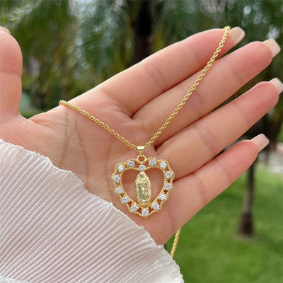 Copper 18K Gold Plated Inlay Human Virgin Mary Heart Shape Artificial Pearls Zircon Pendant Necklace
