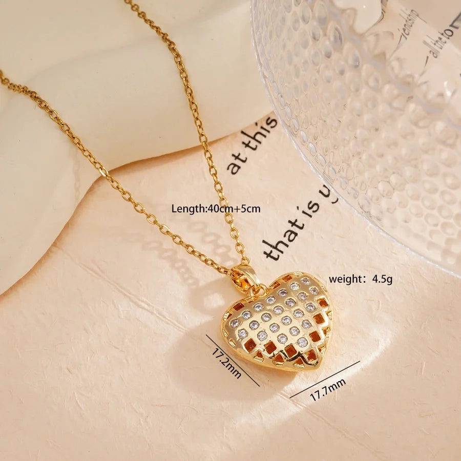 Jewelry Simple Style Heart Shape 304 Stainless Steel Copper Zircon Gold Plated Plating Inlay Pendant Necklace