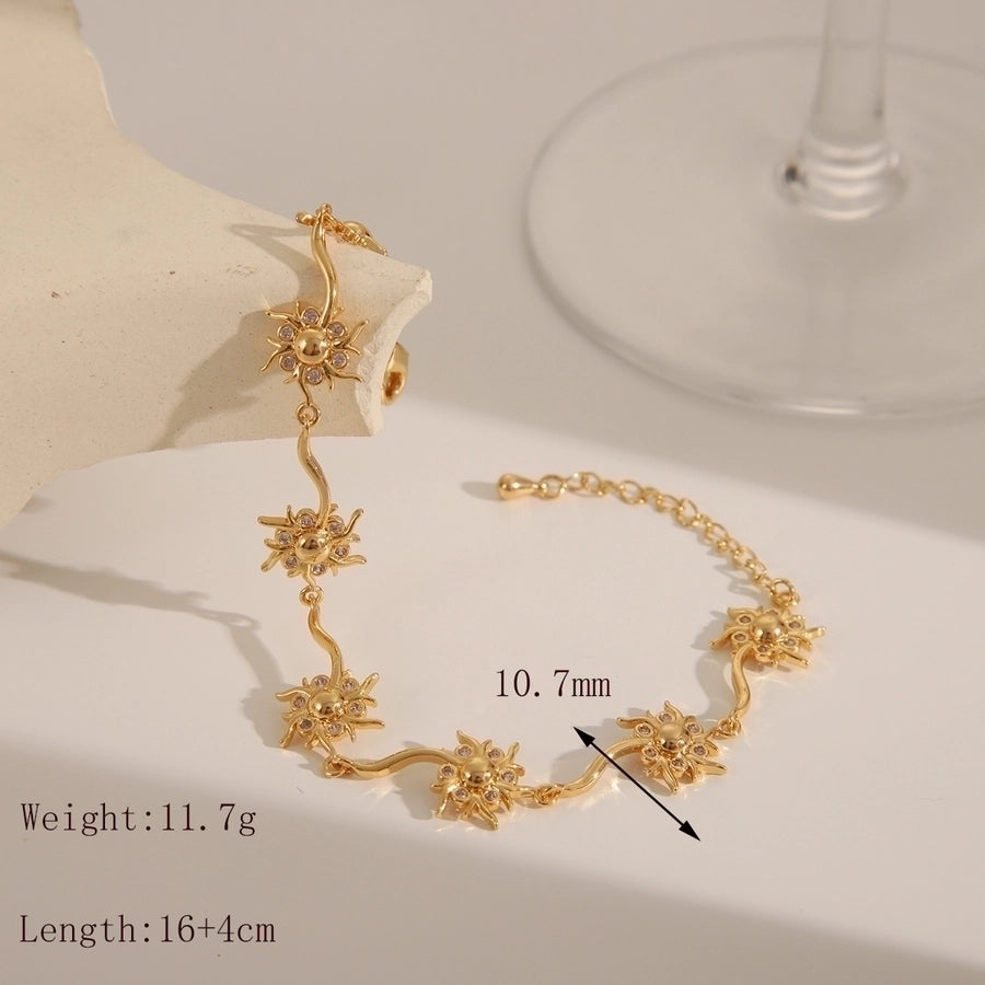 Copper 14K Gold Plated Inlay Sun rose flower Bow Knot Zircon Bracelets Necklace