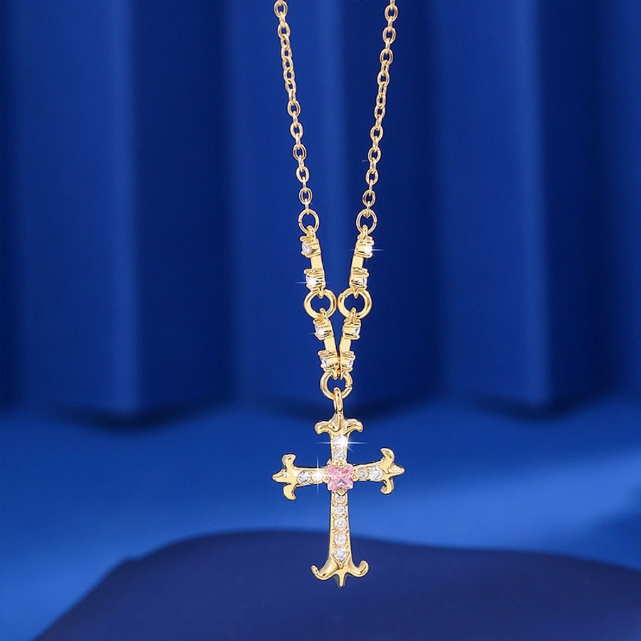 Jewelry Hip-Hop Vintage Style Rock Cross Copper Zircon Imitation Gold  Pendant Necklace