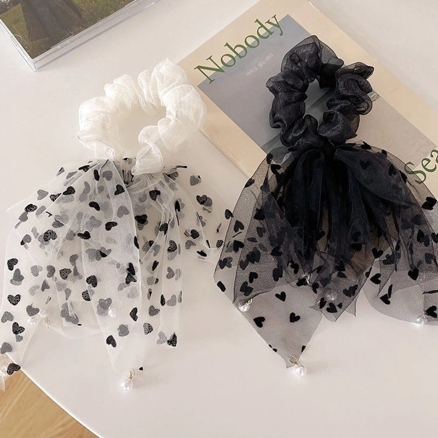 casual heart shape gauze tassel pearl hair tie