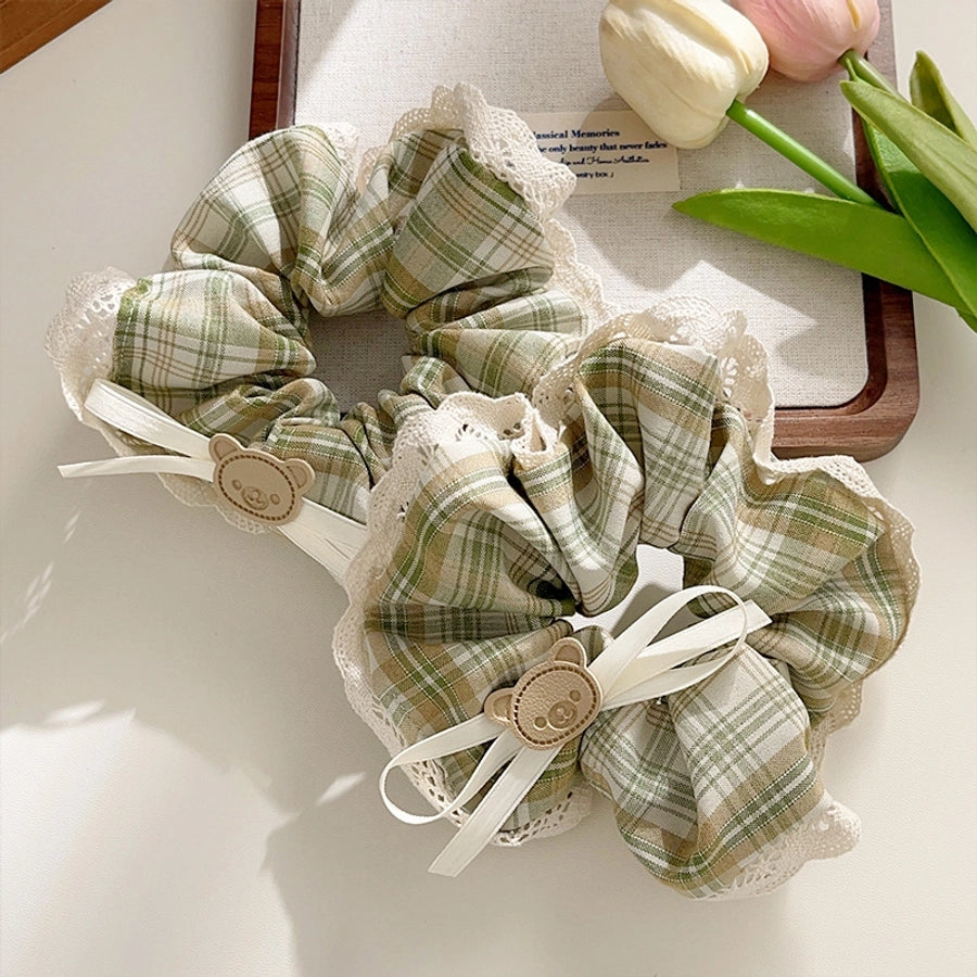 Women's Casual Preppy Style Lattice Bear Bow Knot Cloth Lace Hair Tie