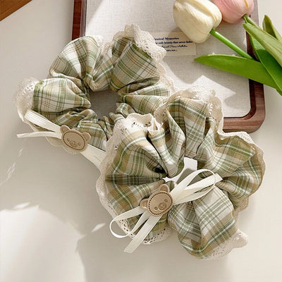 Women's Casual Preppy Style Lattice Bear Bow Knot Cloth Lace Hair Tie