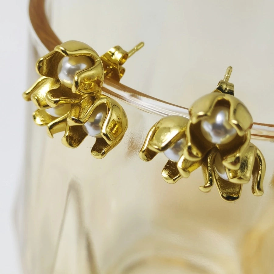 1 Pair Elegant Sweet Pearl Flower 304 Stainless Steel 18K Gold Plated Ear Studs